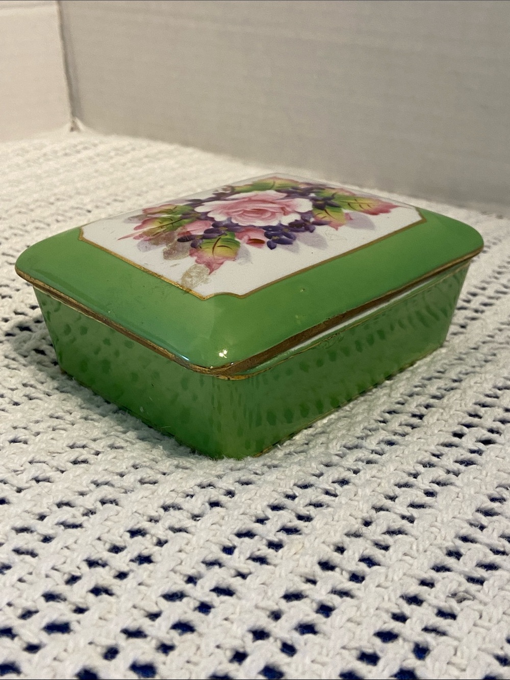 Handpainted Narco Imperial China from Japan Porcelain Green Floral Trinket Box